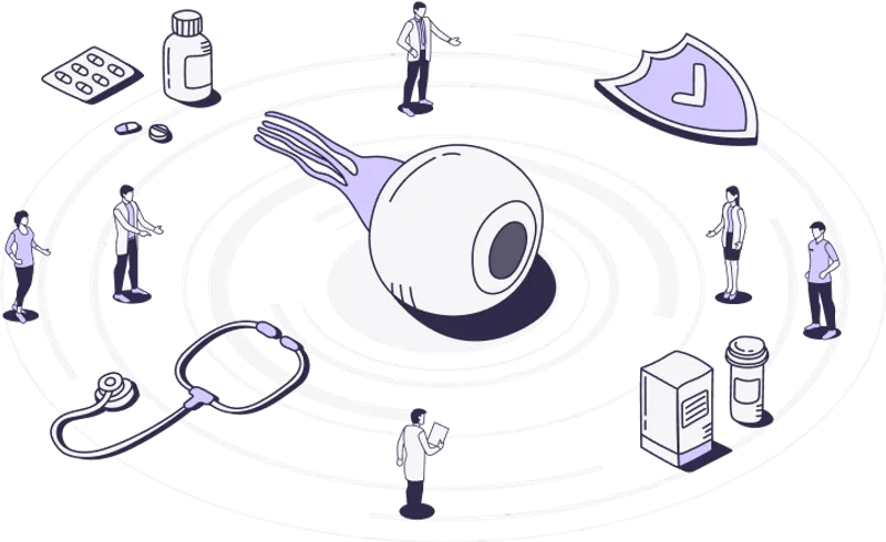 Colorful illustrated eyeball group representing Vision Center's eye care resources