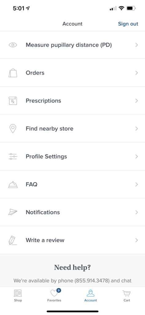 Warby Parker App Account View