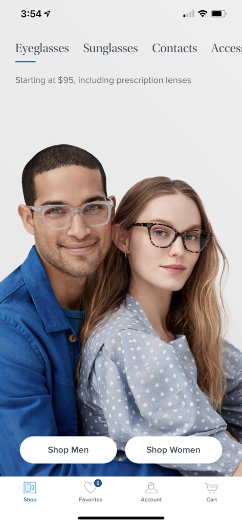 Warby Parker App Homepage