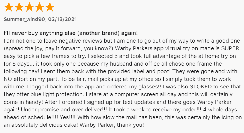 Warby Parker Customer Review
