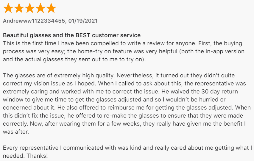 Warby Parker Customer Review