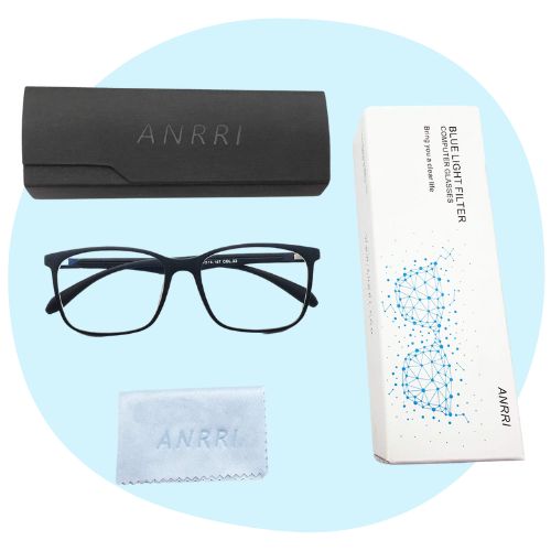 Blue light blocking glasses on a blue background