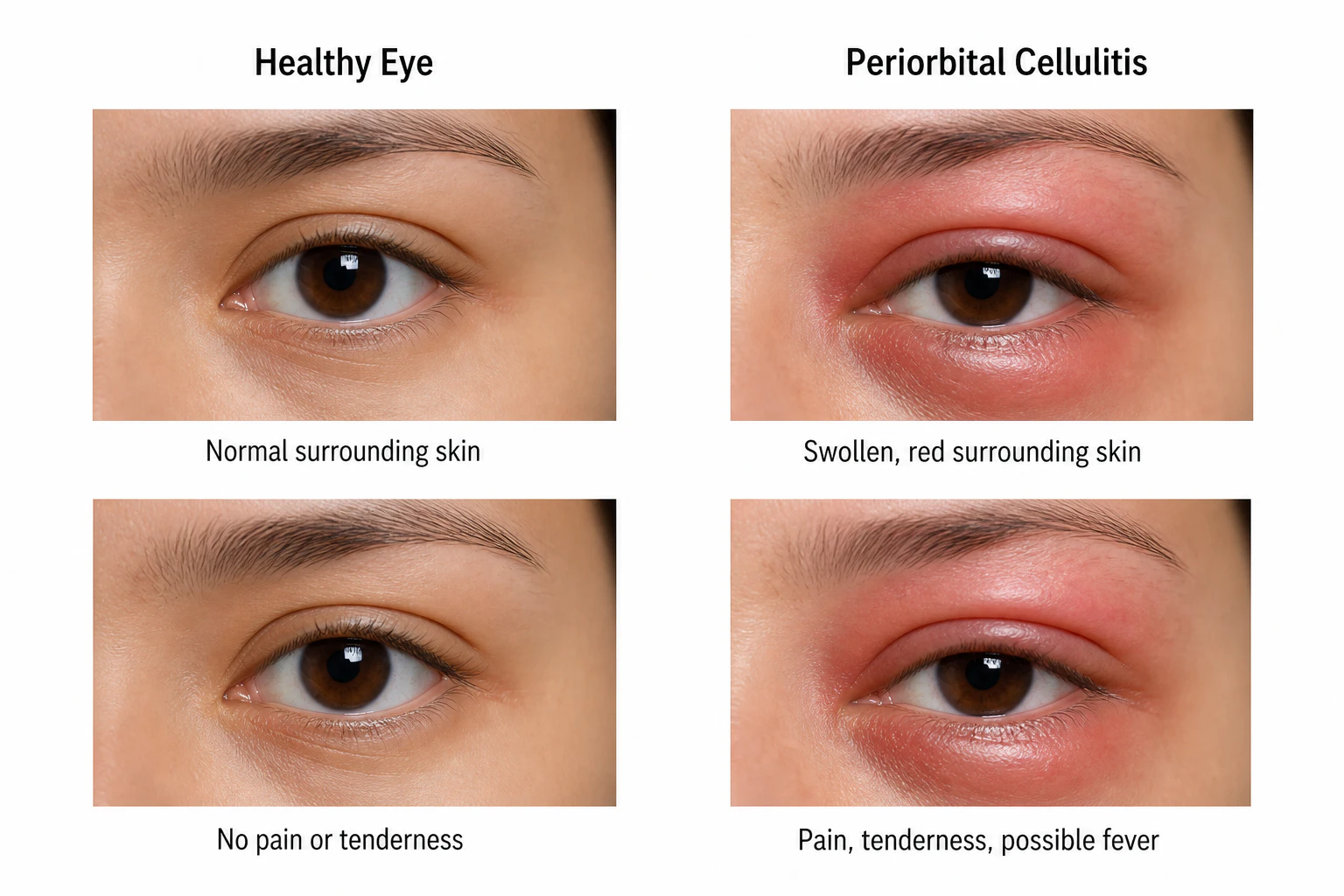 Periorbital cellulitis vs. a healthy eye illustration