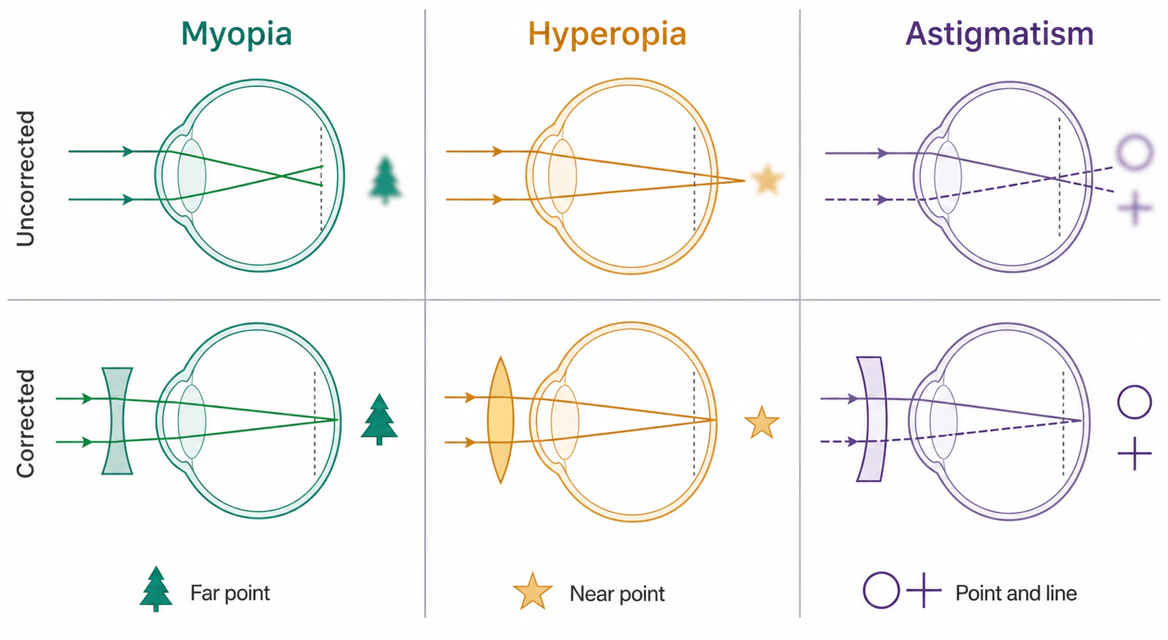 Myopia, hyperopia, and astigmatism illustrations