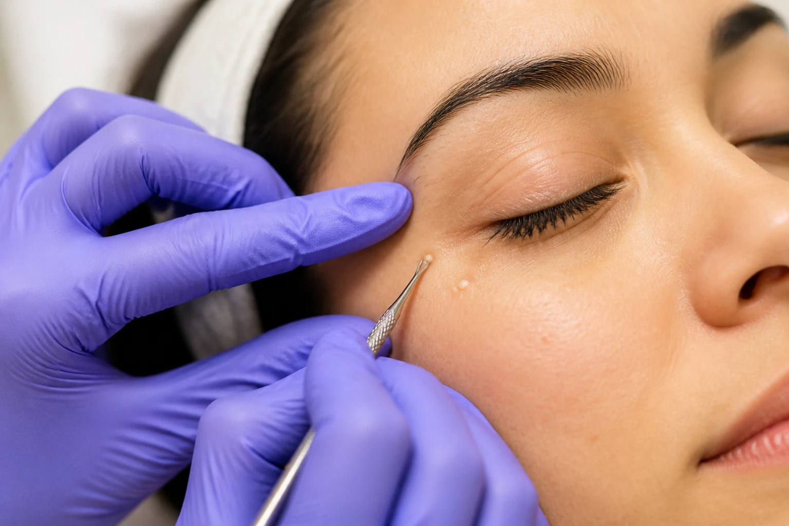 Dermatologist trying to remove milia from a womans undereye area