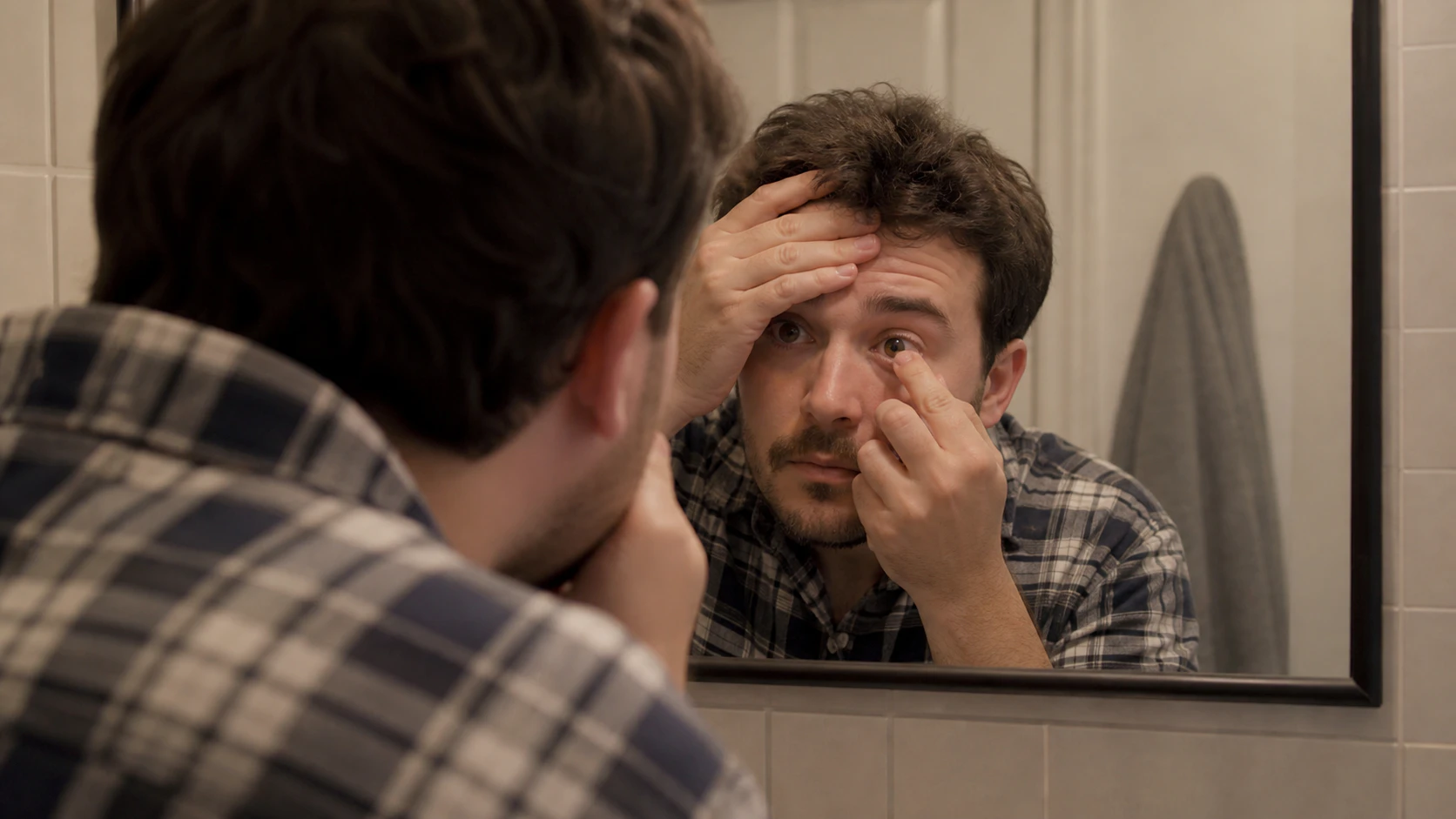 Person testing contact lenses in a mirror