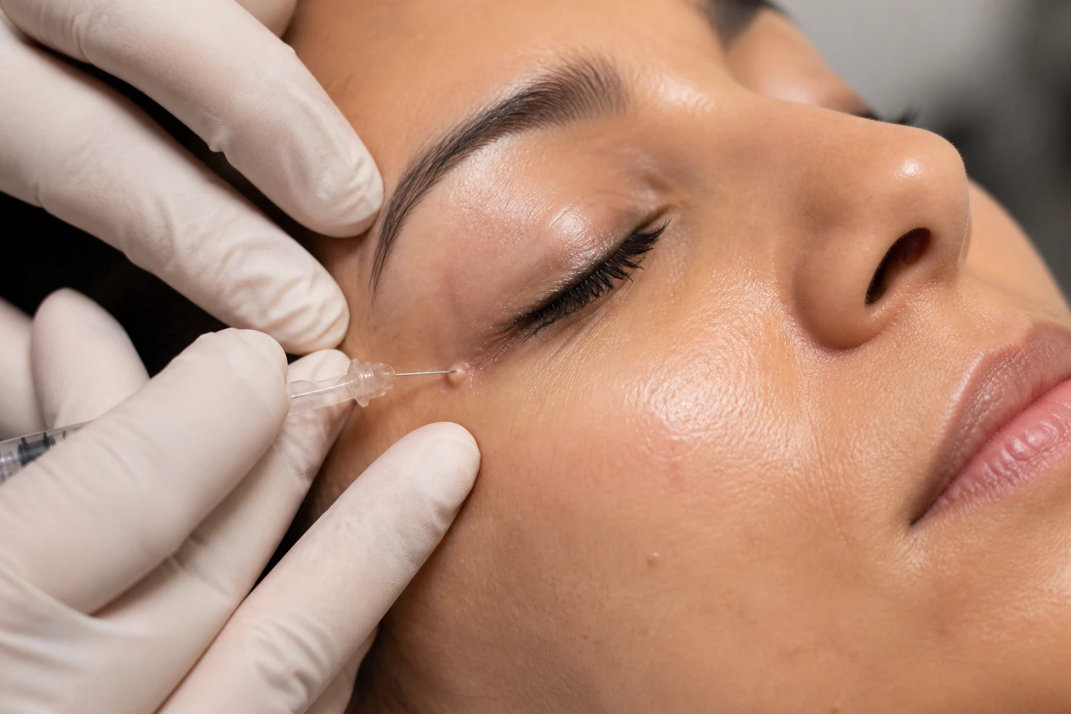 Cosmetologist removes milia on female patient using syringe