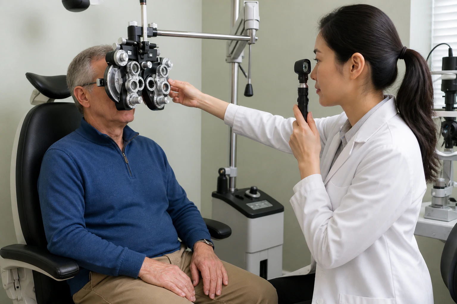 Optometrist Examining Senior Womans Eyes Using a Retinoscope Photo