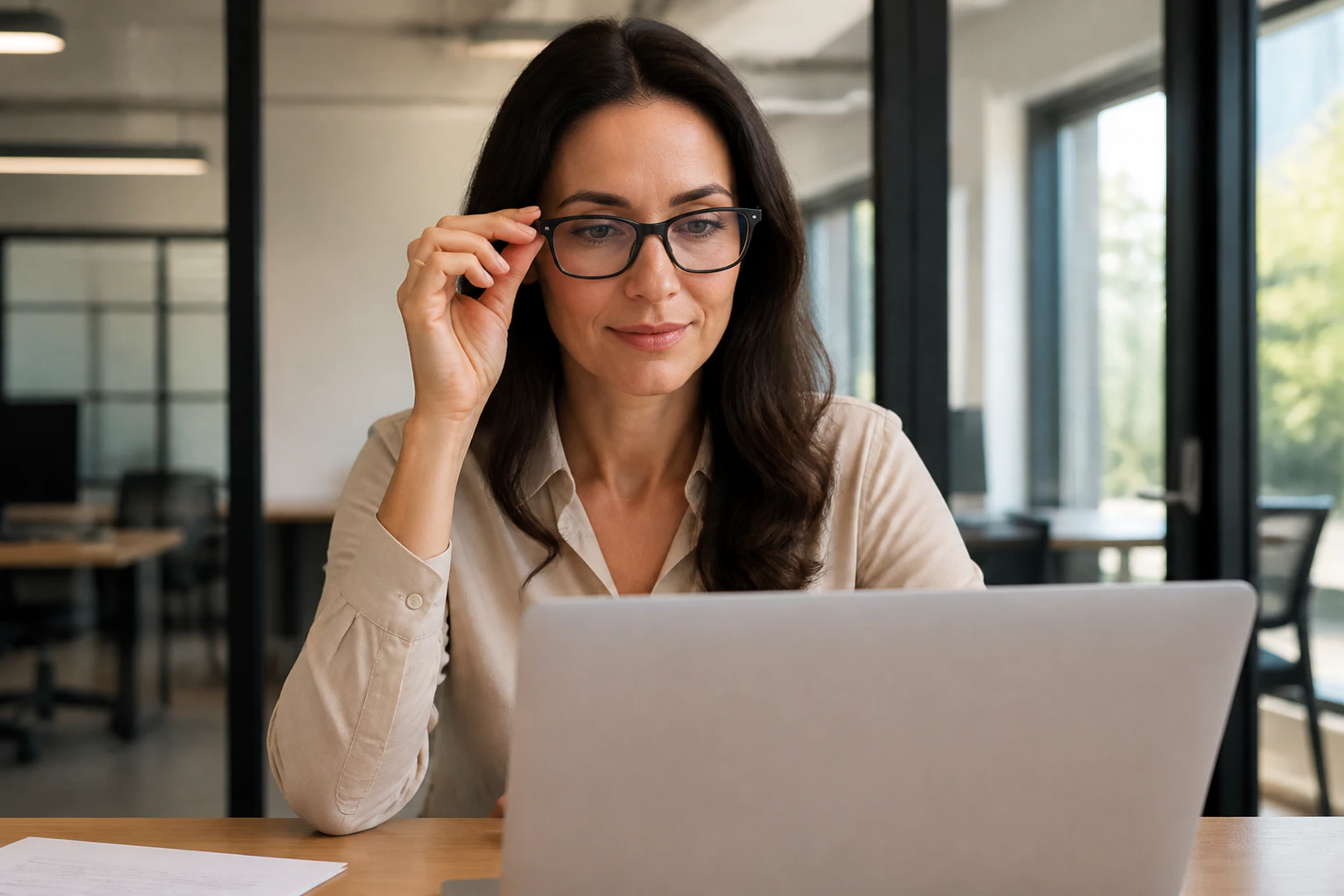 Woman wearing eyewear while using a laptop