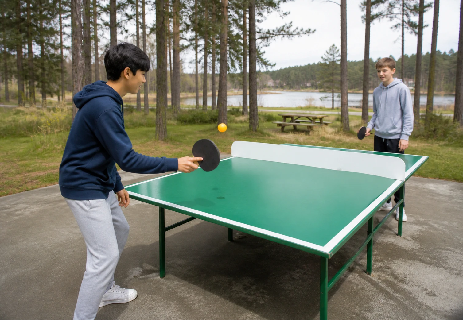 Two Teenager Friends Playing Table Tennis or Pingpong Outdoors in a Sunny Day