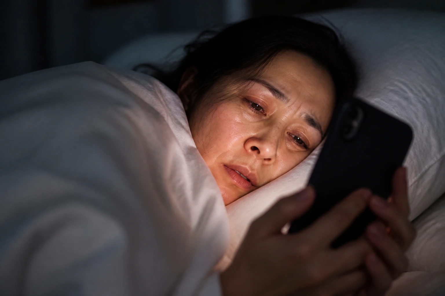 Tired womans eyes being seen as she scrolls through her phone on her bed