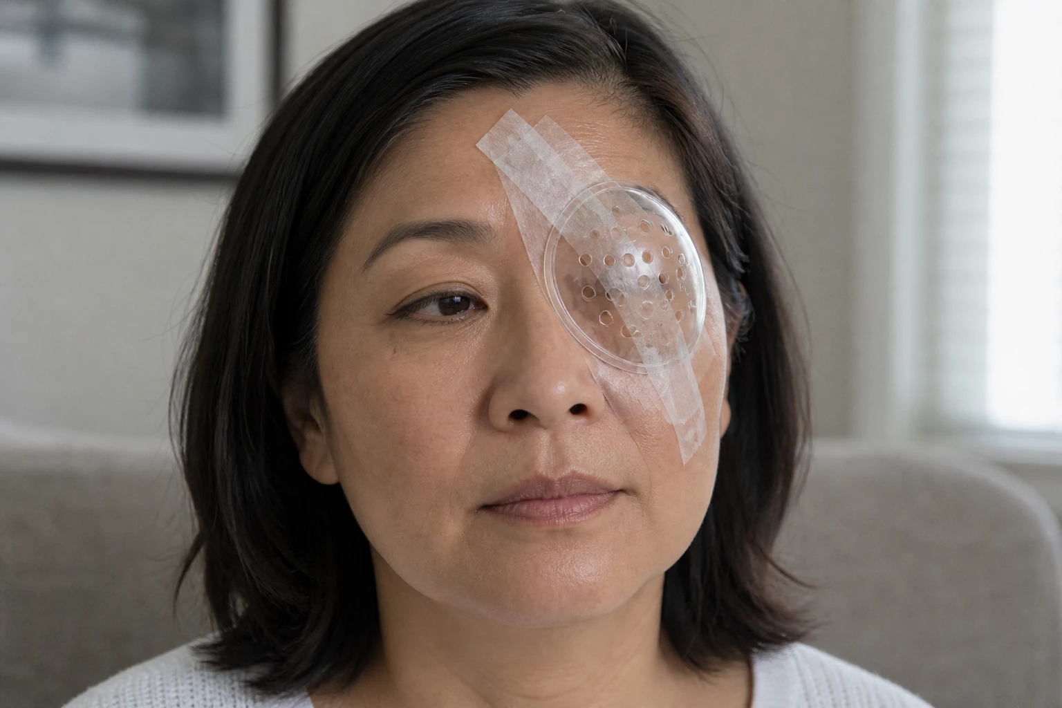 Patient Asian Women Show Her Eyes with Eye Shield after LASIK