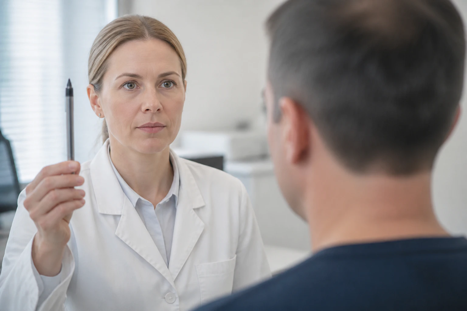 A neurologist examines the nervous system vision and reflexes of a male through a Nystagmus test
