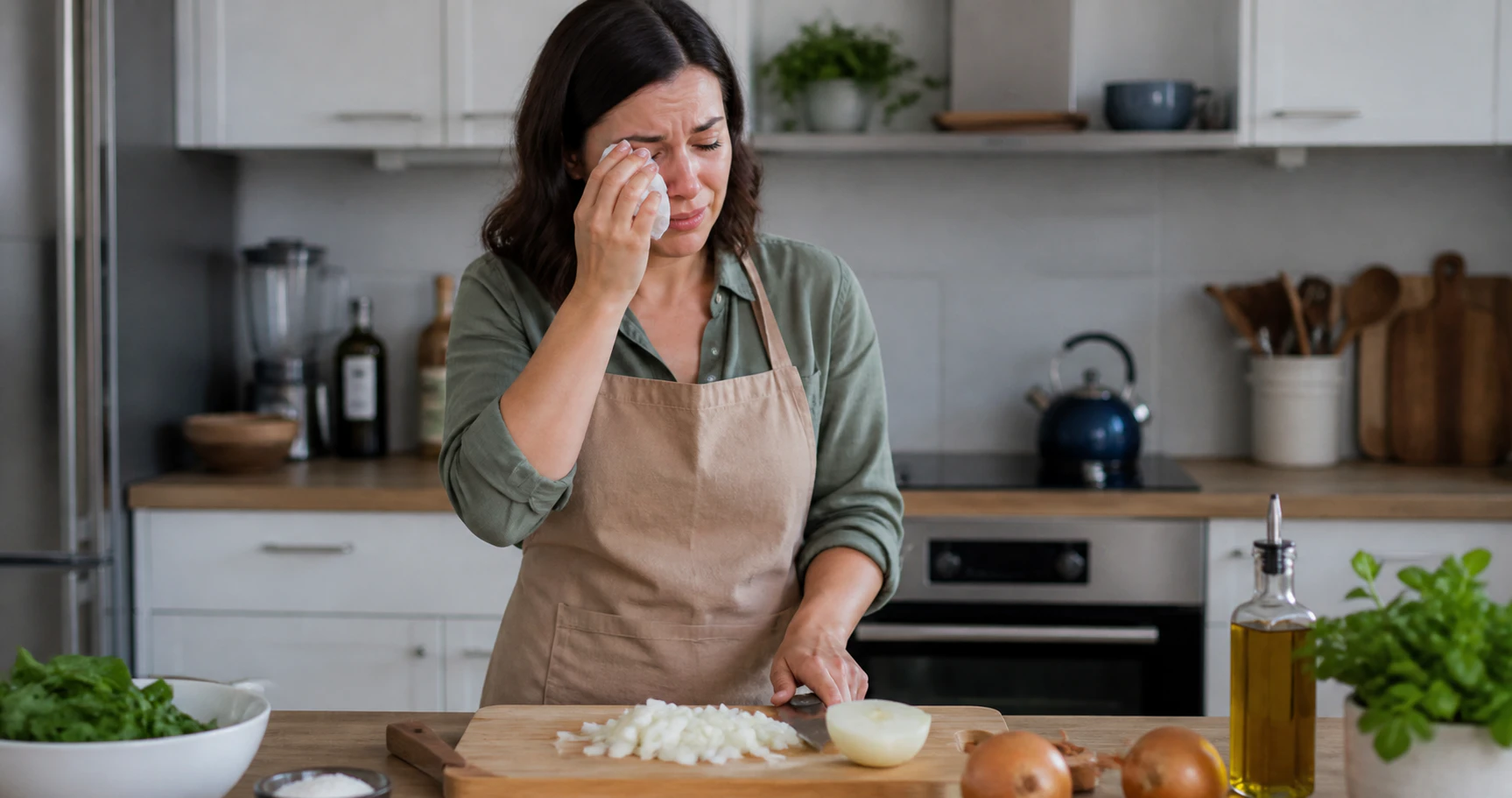 Woman wiping irritated eyes near chopped onion on chopping board in the kitchen