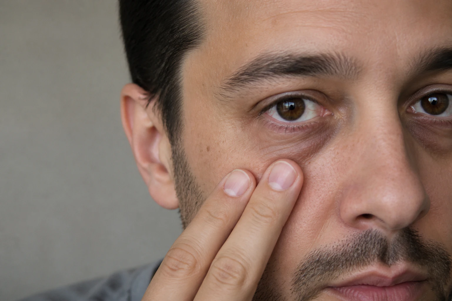 Bags under the Eyes As Shown by a Stressed Man with Two Fingers Pointing at the Area Photo