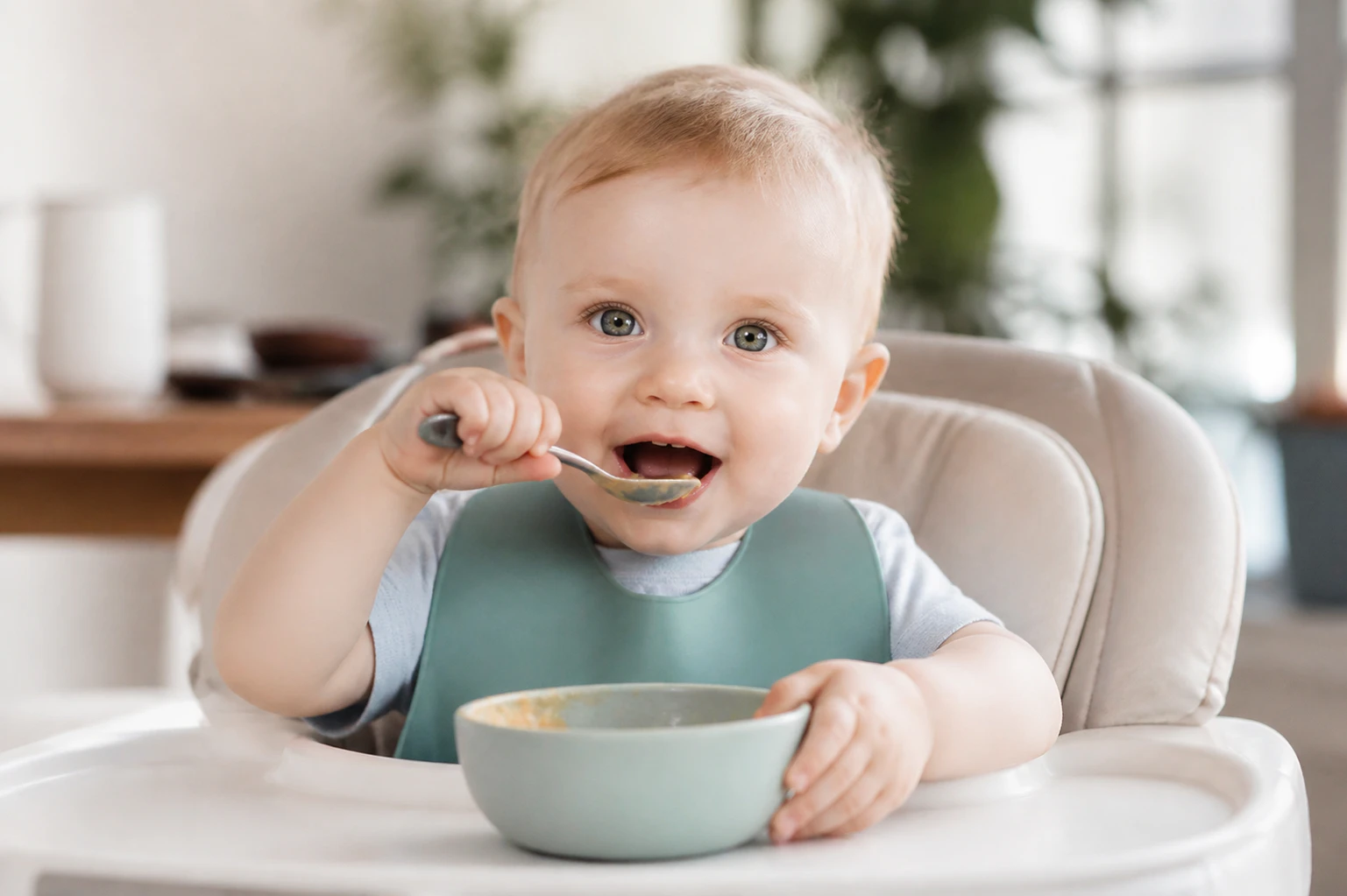 Cute adorable one year old baby with green eyes eating from a bowl