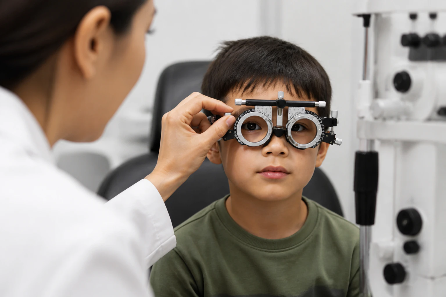 Young Boy with Phoropter During Sight Testing or Eye Examinations in Ophthalmological Clinic to Treat Amblyopia or Lazy Eye Photo