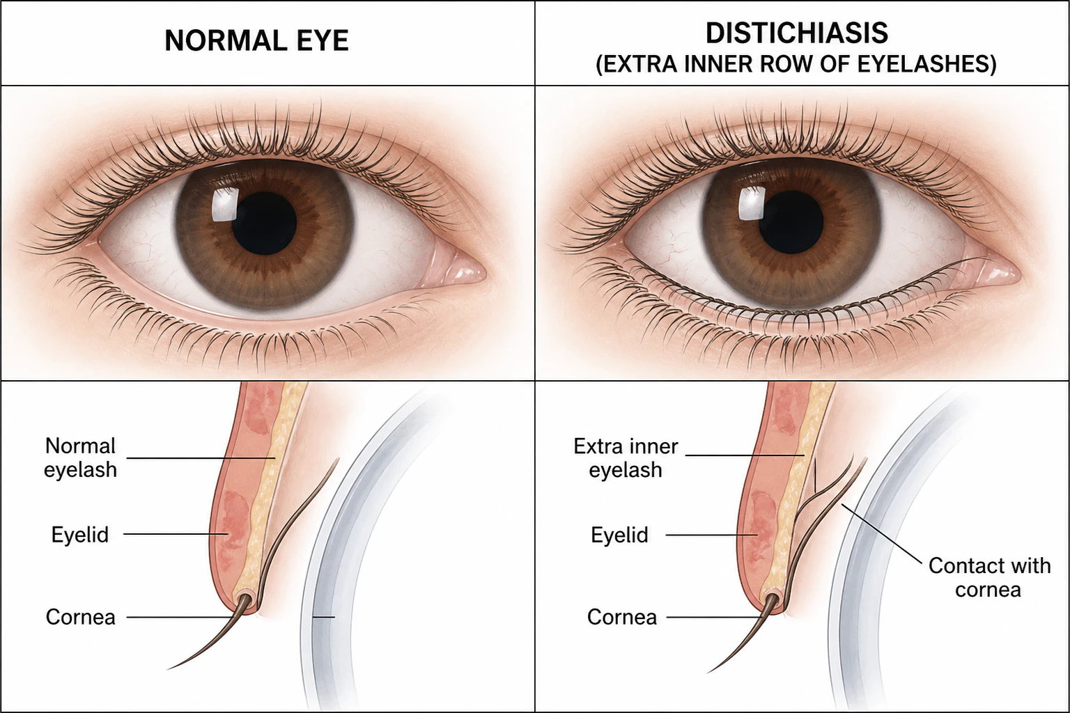 Medical illustration comparing a normal eye to one with distichiasis, showing an extra row of eyelashes growing from inside the eyelid
