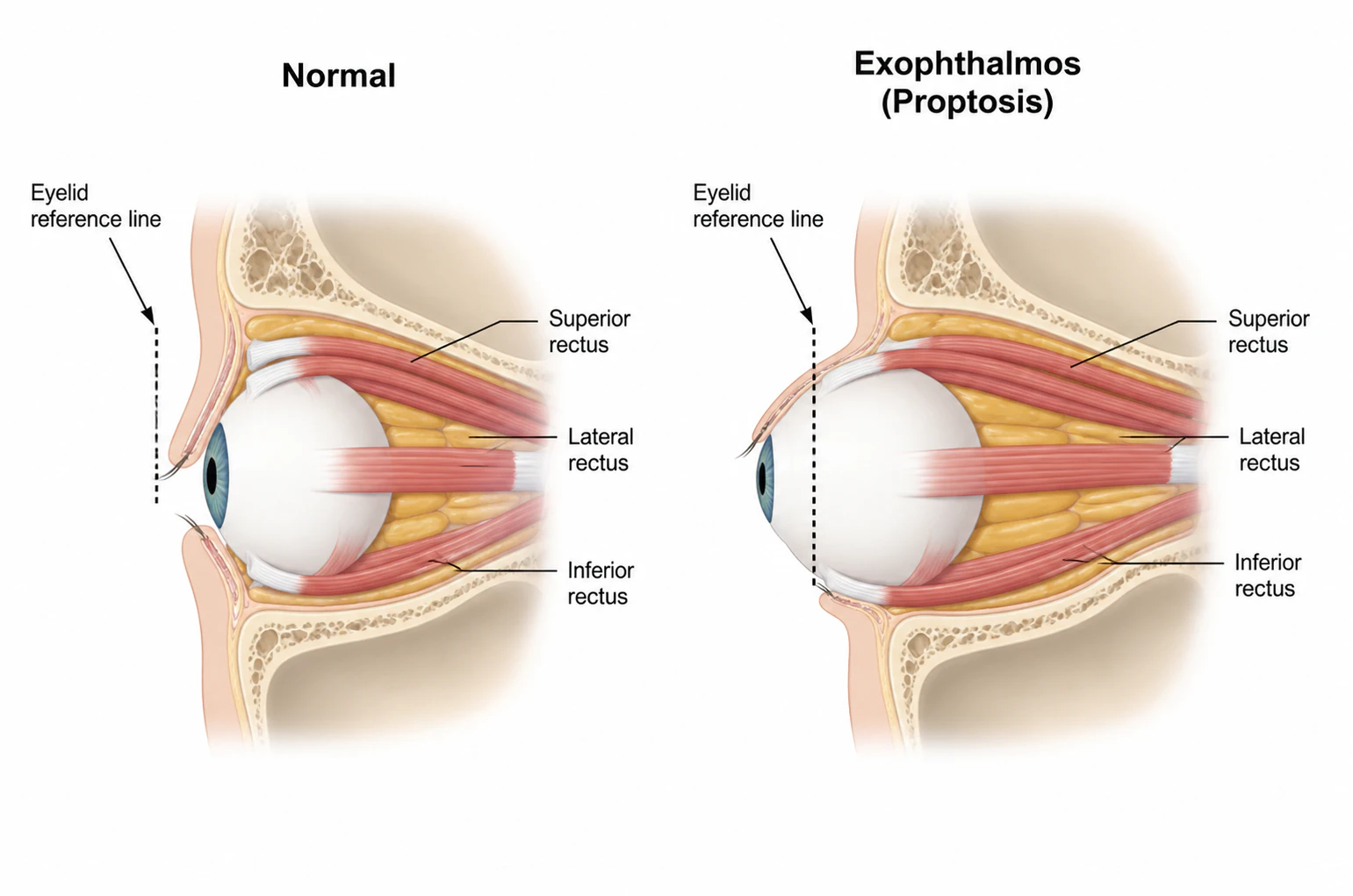 Exophthalmos is a bulging of the eye anteriorly out of the eyelid