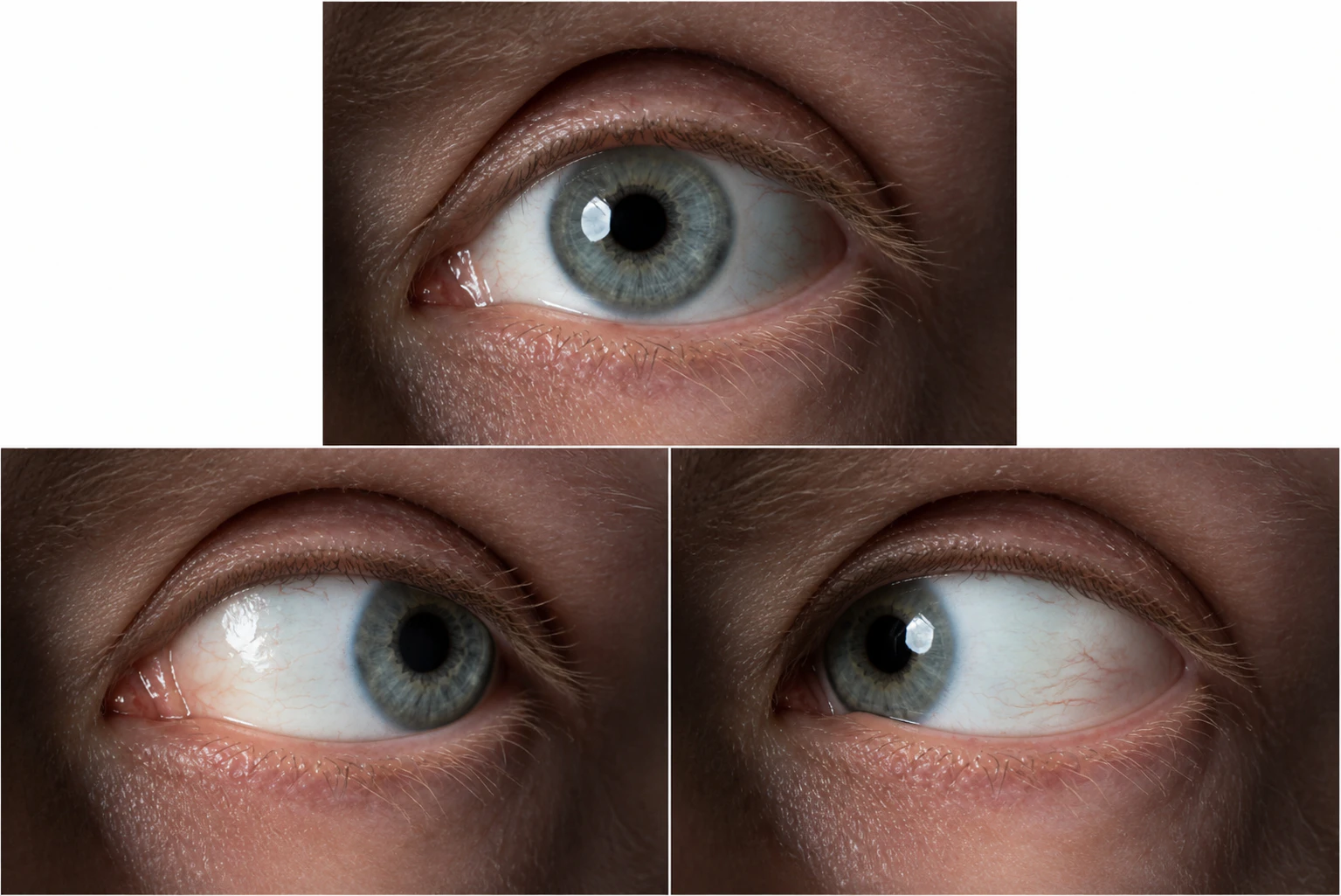 The eye of an adult male in three different positions due to weak eye muscles or ophthalmoplegia