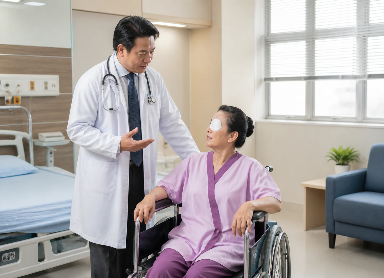Female patient being transported through a wheelchair talks to a doctor after her cataract operation