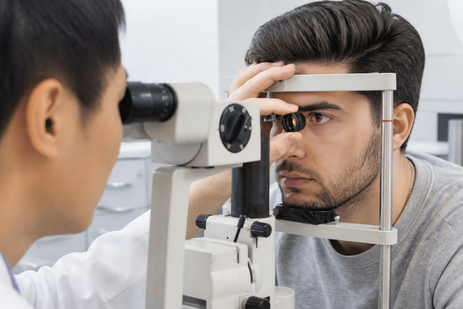 Young Caucasian man undergoing an eye exam
