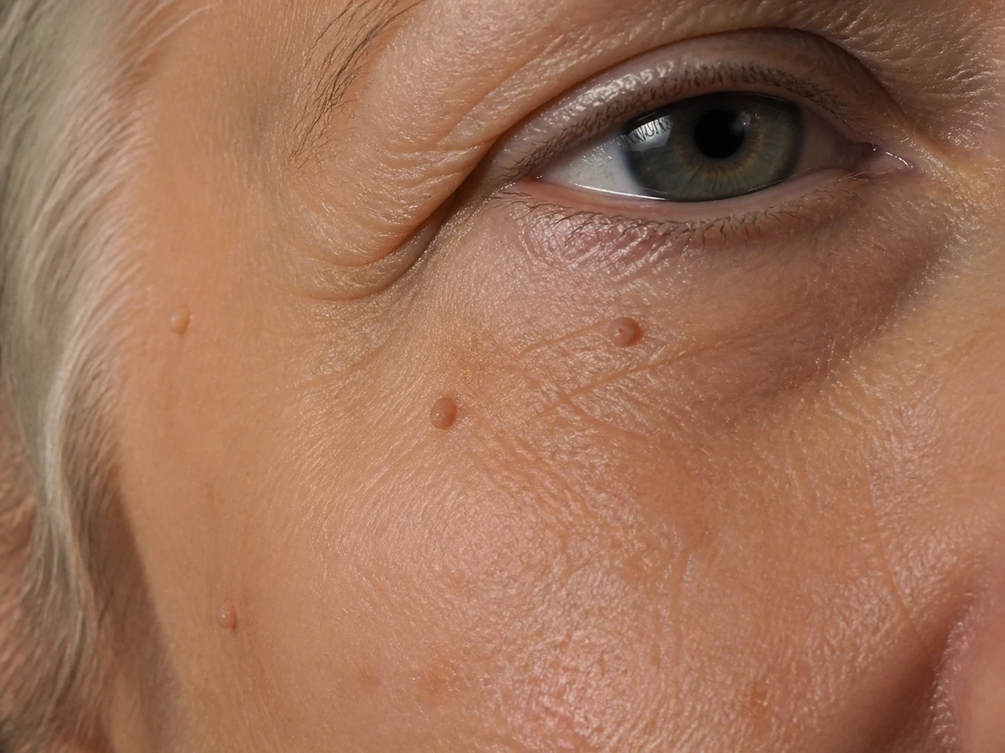 Macro photo of skin tags under an eye