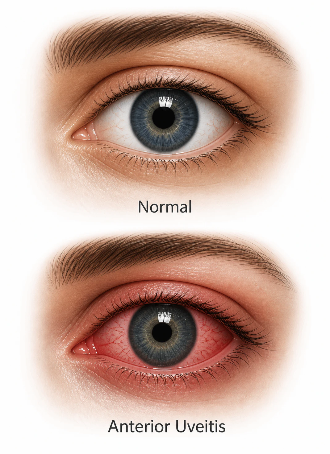 Comparison of a normal eye vs. an eye with a symptom of anterior uveitis
