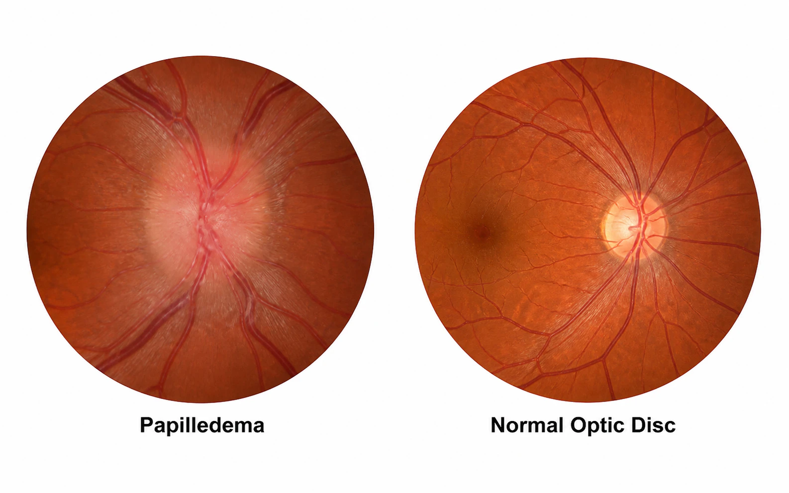 Side-by-side fundus photograph comparing a normal optic disc with a swollen optic disc in papilledema