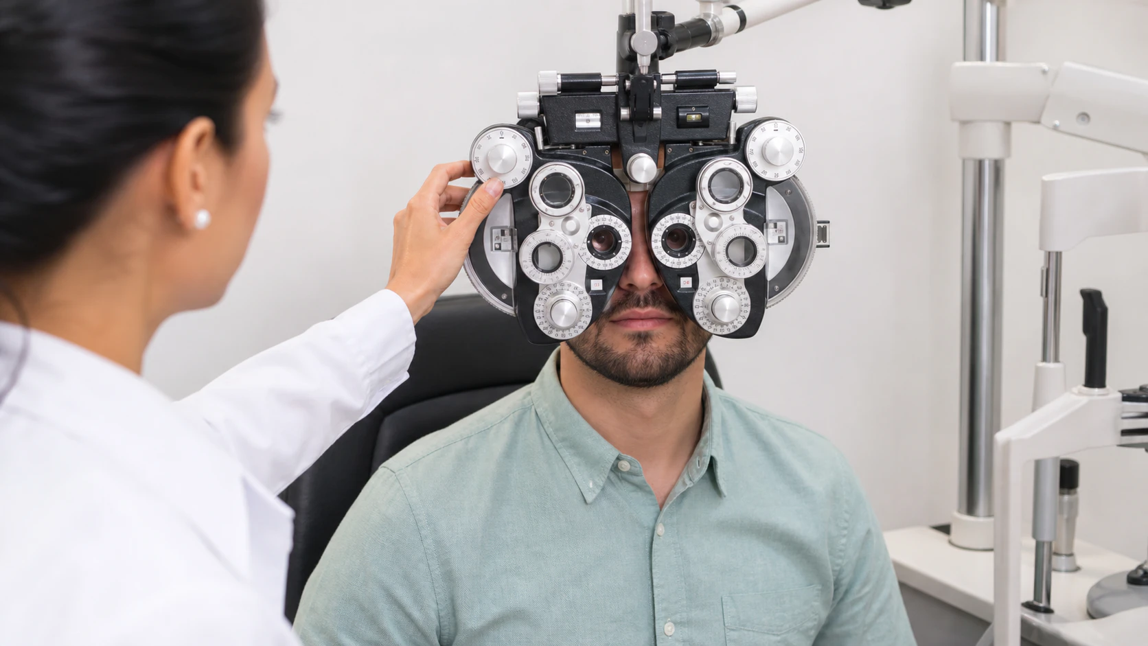 Unseen Optometrist Checking a Man S Vision through Test Lenses