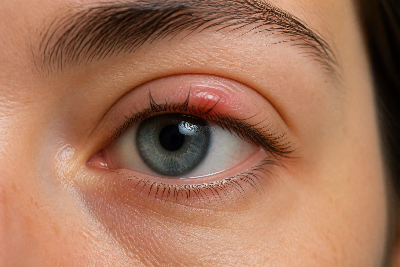 Close up shot of a woman with left upper eye lid abscess or stye or hordeolum