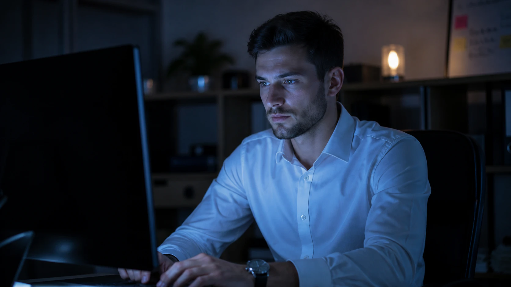 young businessman using computer for work during the night