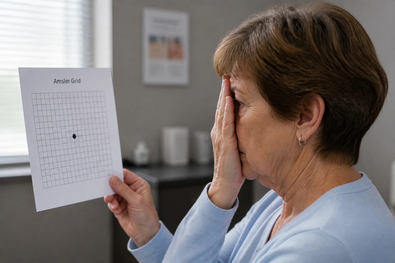 Older woman undergoing Amsler grid as a way of diagnosing AMD
