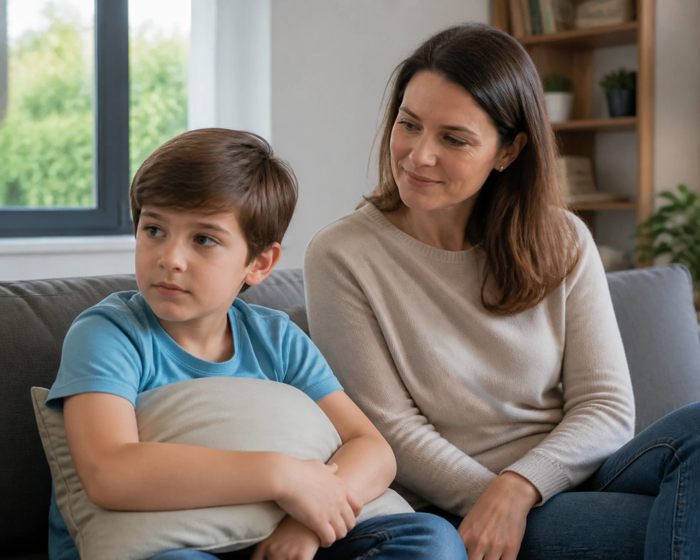 Autistic Child Lying on Sofa Looking Away from Mother Photo