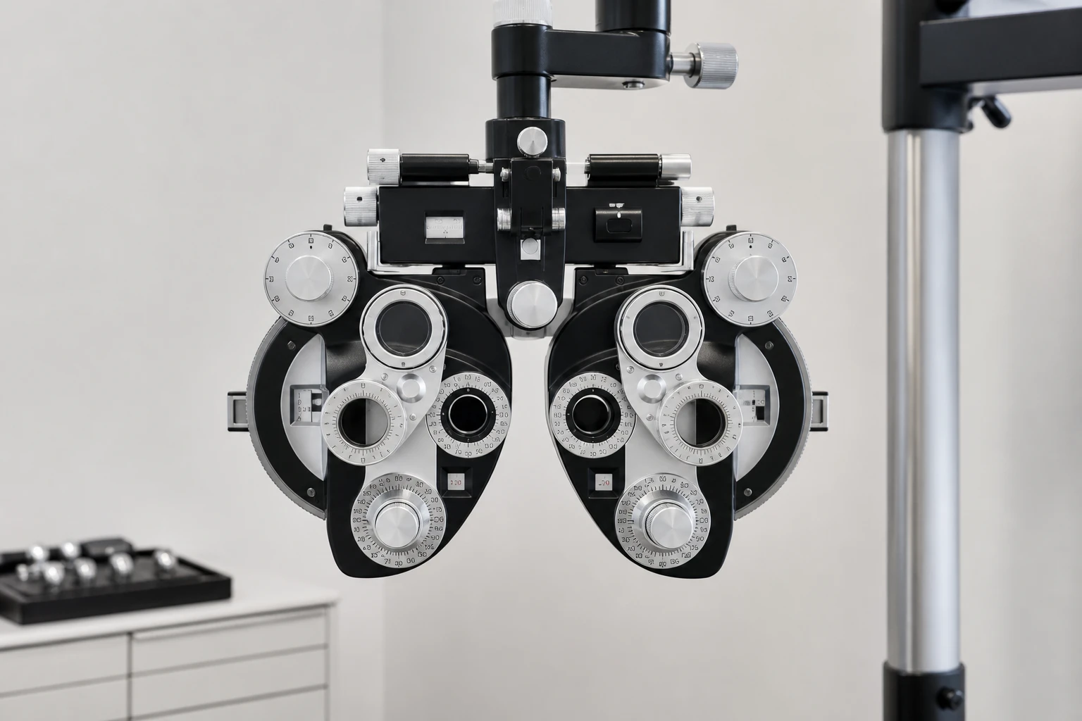 A Phoropter an Optical Clinical Testing Machine or Equipment Pictured over a Blank Wall