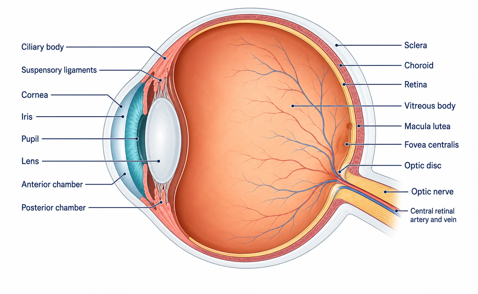 Anatomical diagram showing the optic nerve and where papilledema causes swelling at the optic disc