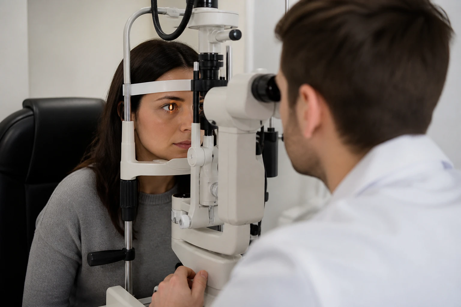 Young blonde woman getting her eye checked by optometrist