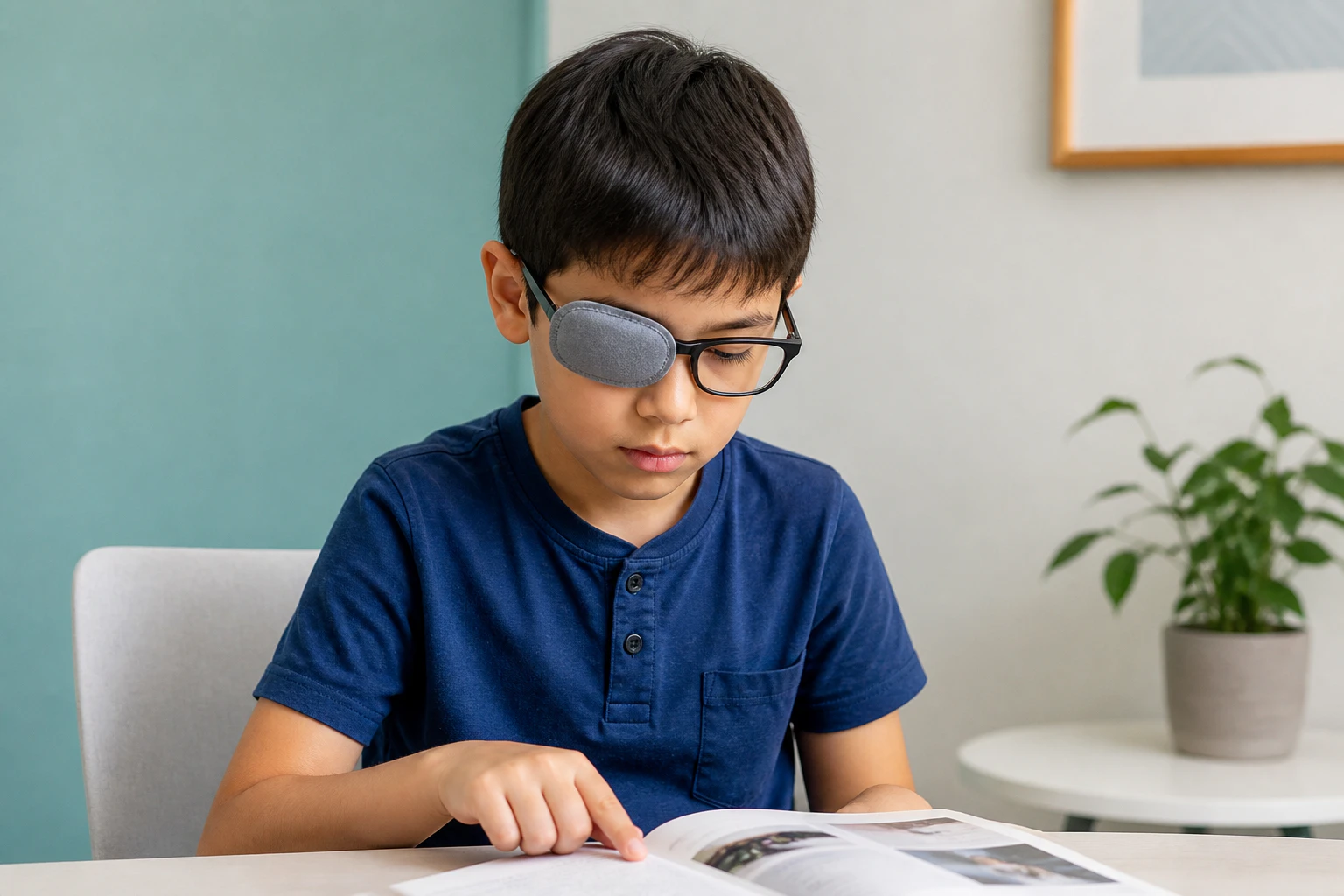 Portrait of Boy in Glasses with Amblyopia Patch for Glasses Photo