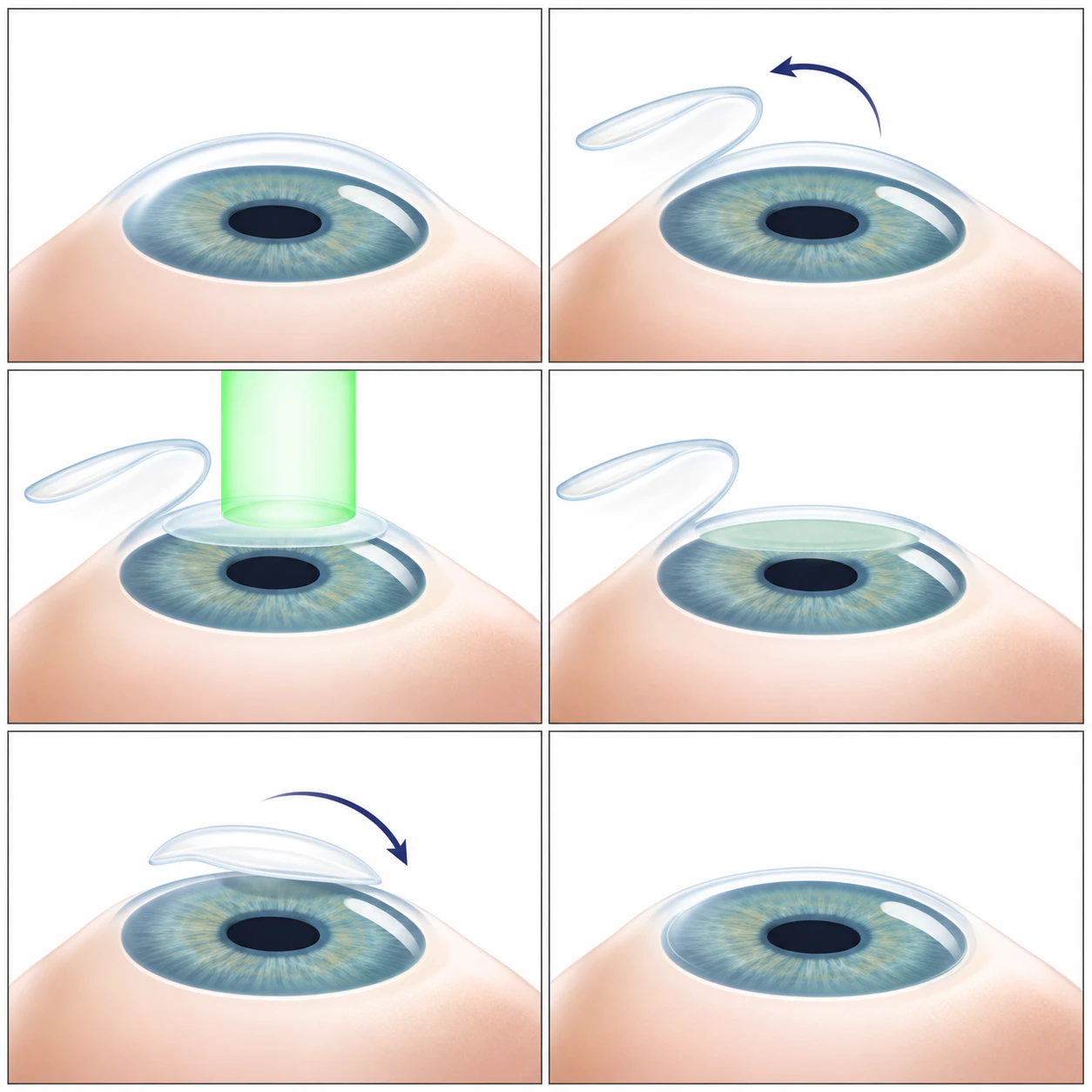 diagram showing six steps of lasik eye surgery