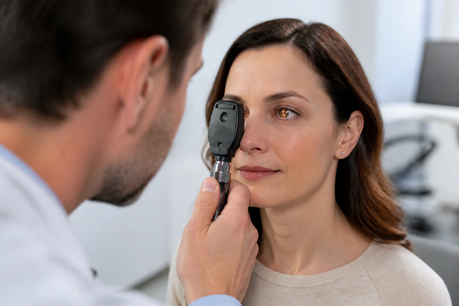 Optometrist Examining Female Patient through Ophthalmoscope Photo