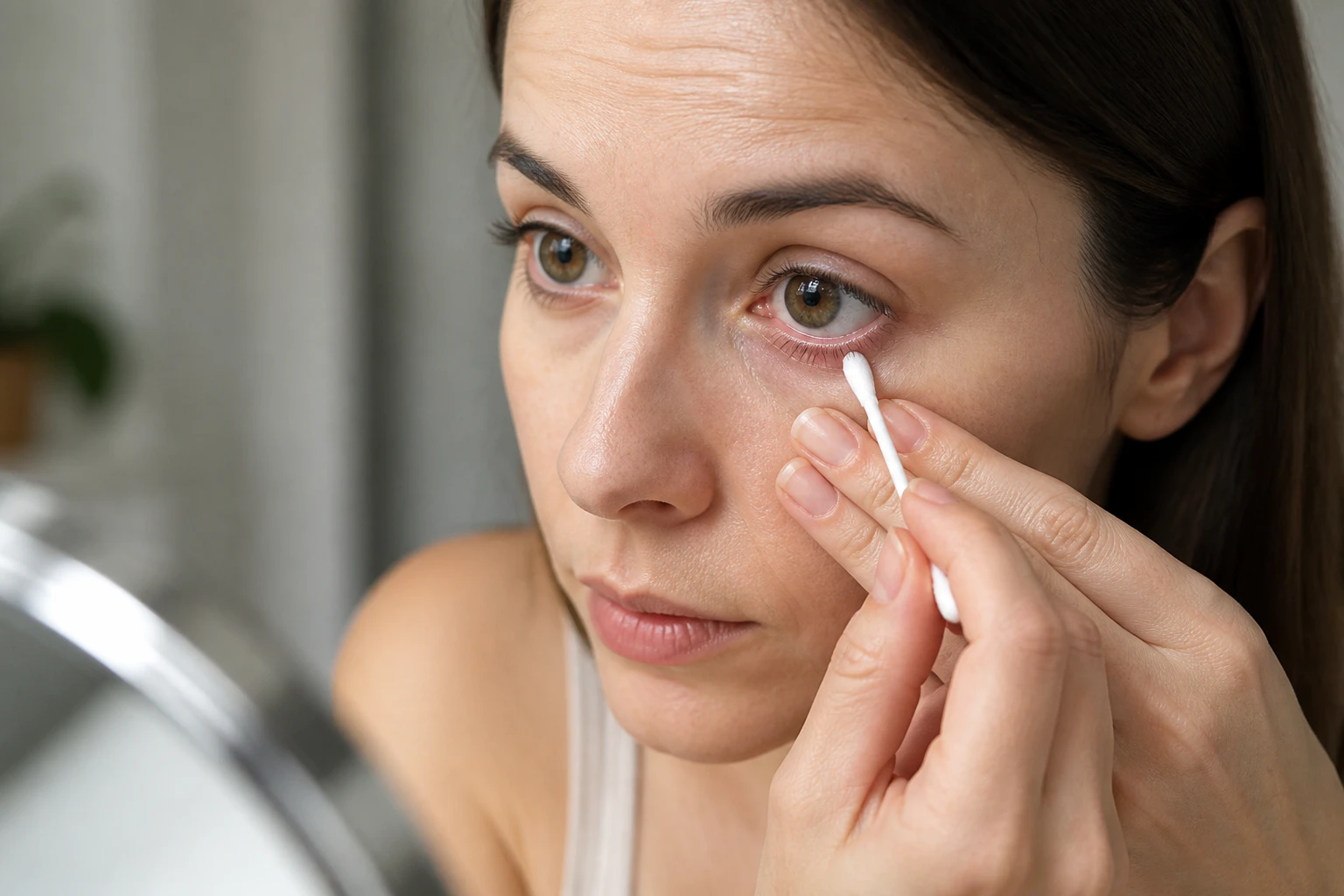 Female using a cotton bud swab to wipe clean the swollen, itchy area of an eyelid