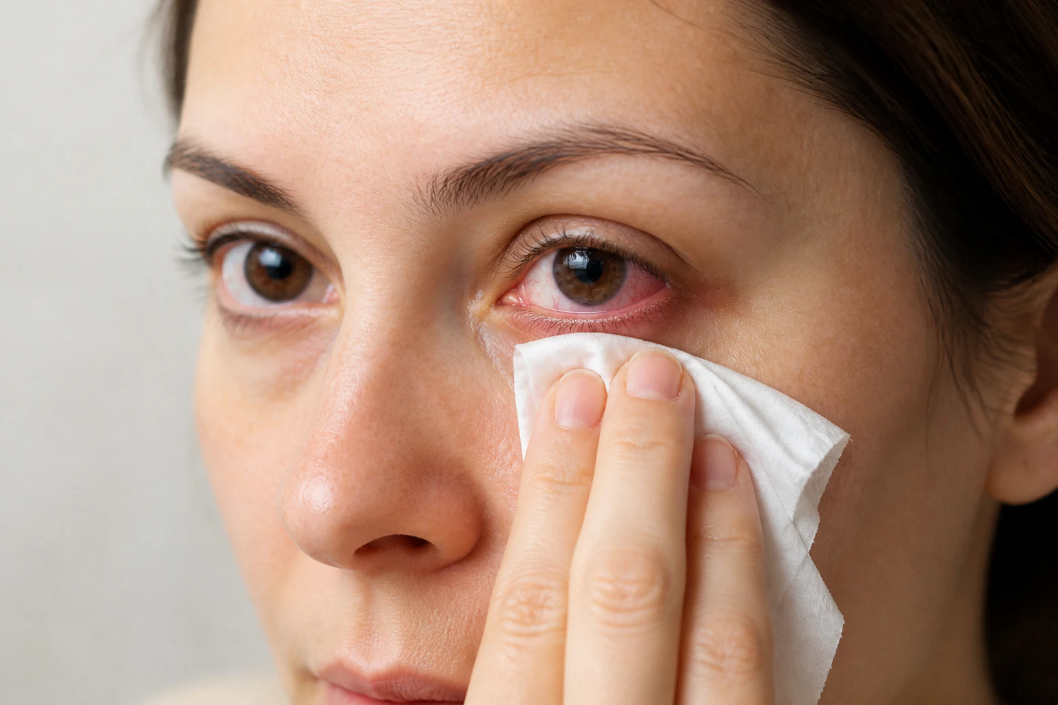 Zoomed in face of a woman touching or wiping her eye