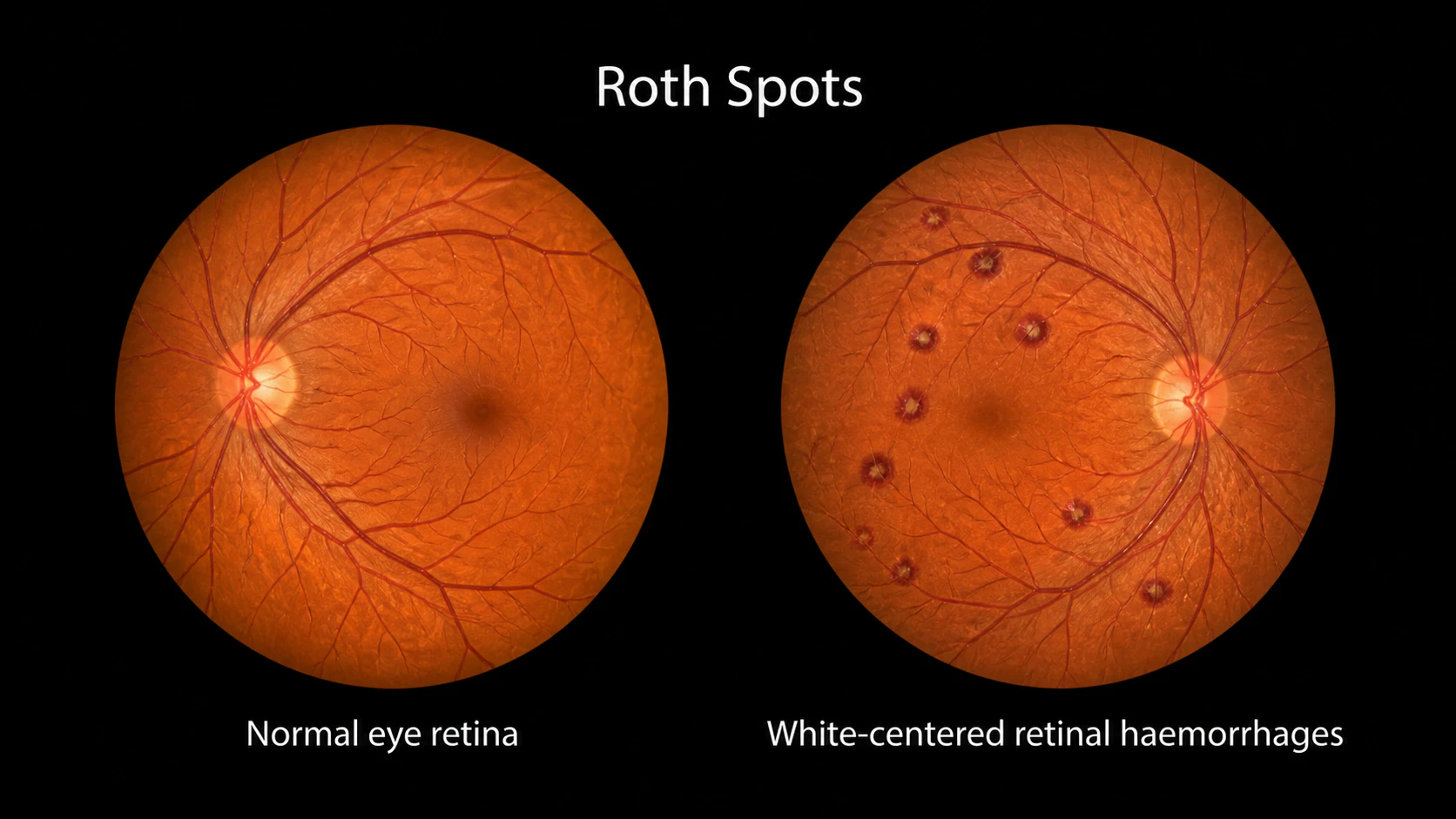 A microscopic representation of roth spots in the retina seen during ophthalmoscopy