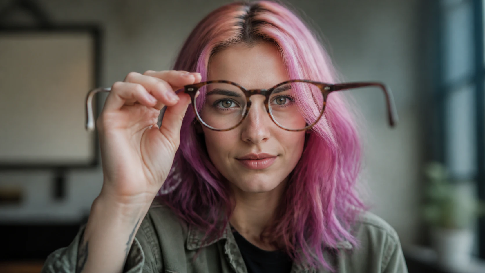 Woman holding eyeglasses to focus