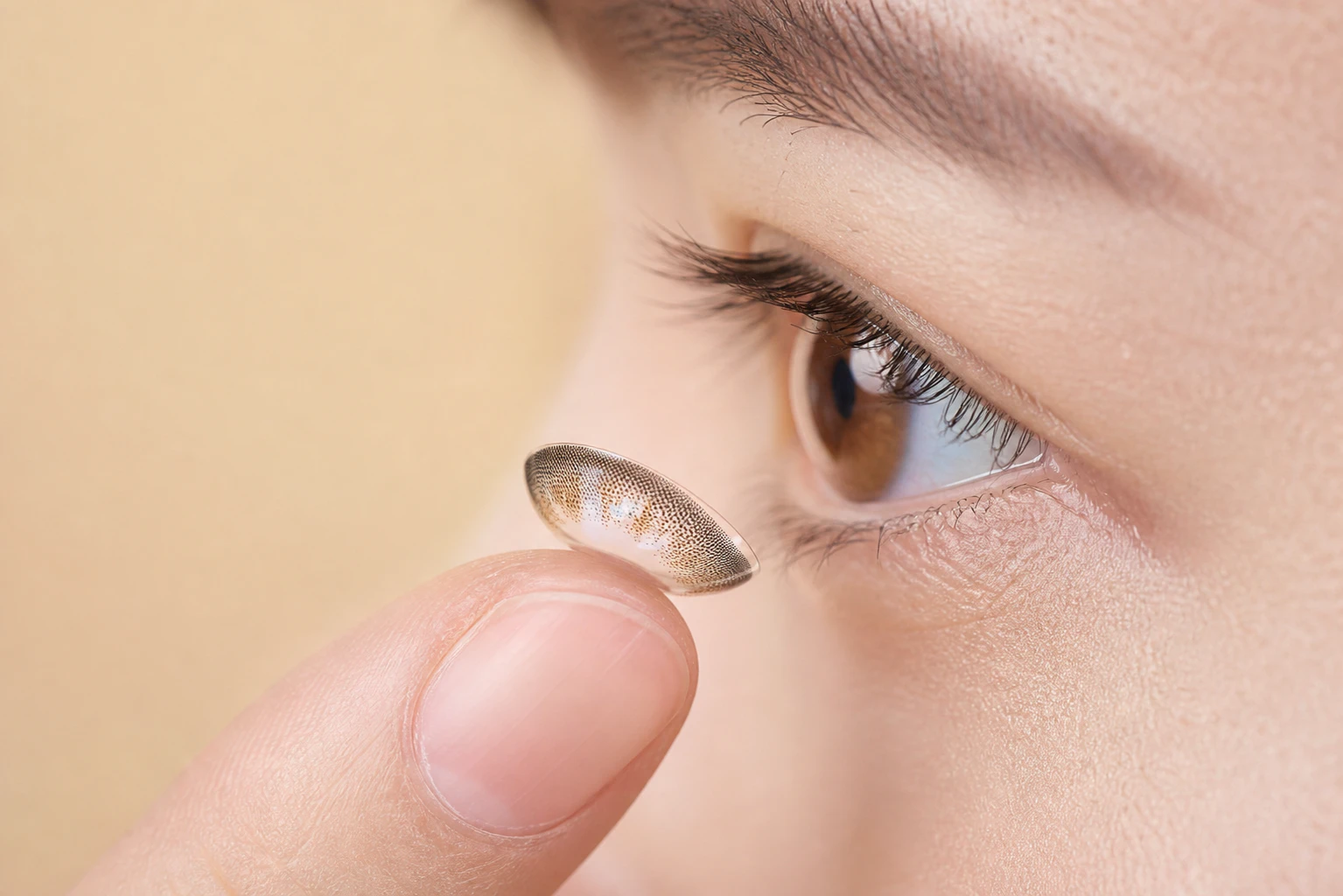 Woman fitting colored contact lenses
