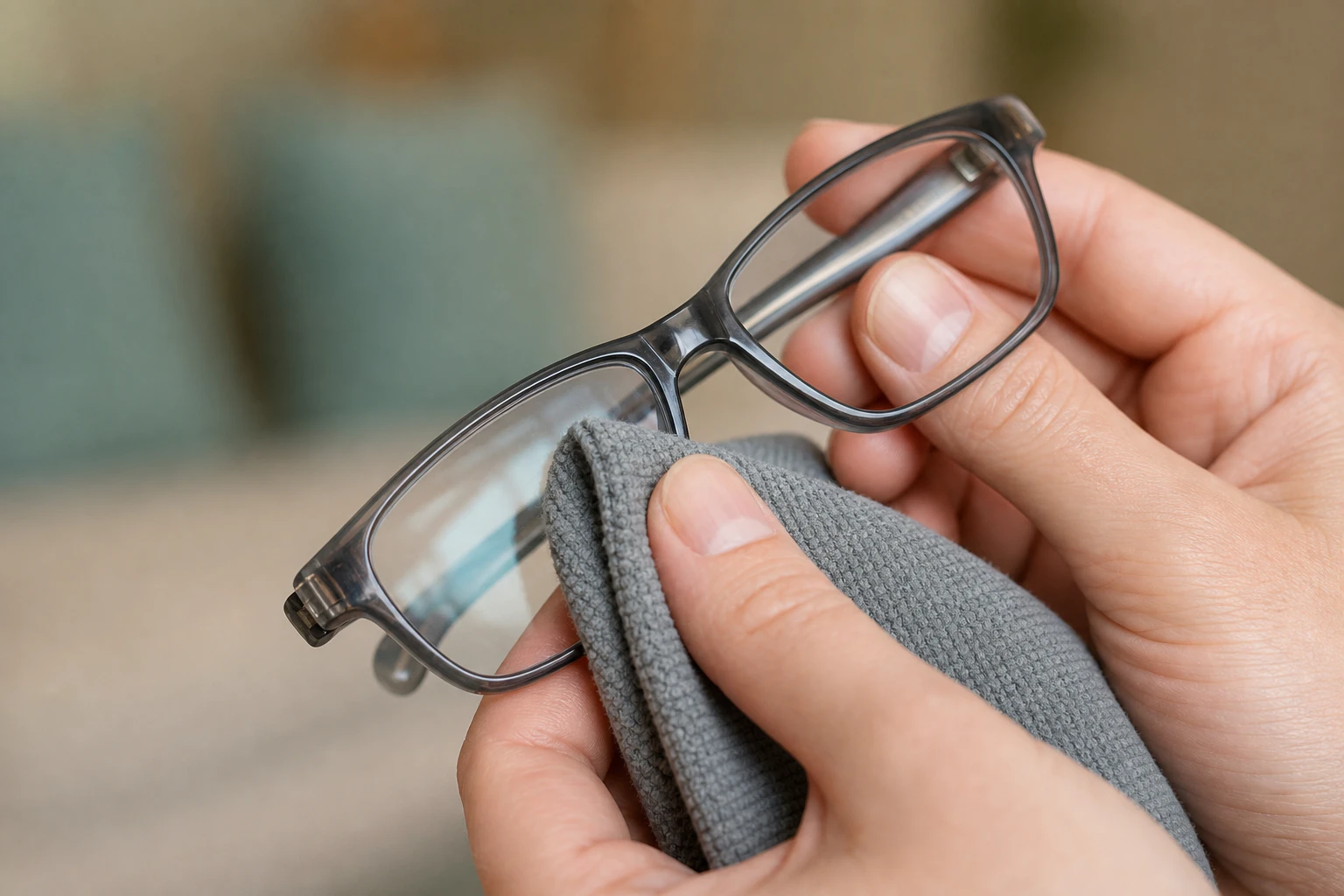 Close-up of hands cleaning a pair of eyeglasses with a gray microfiber cloth. The scene is indoors, with a blurred background.