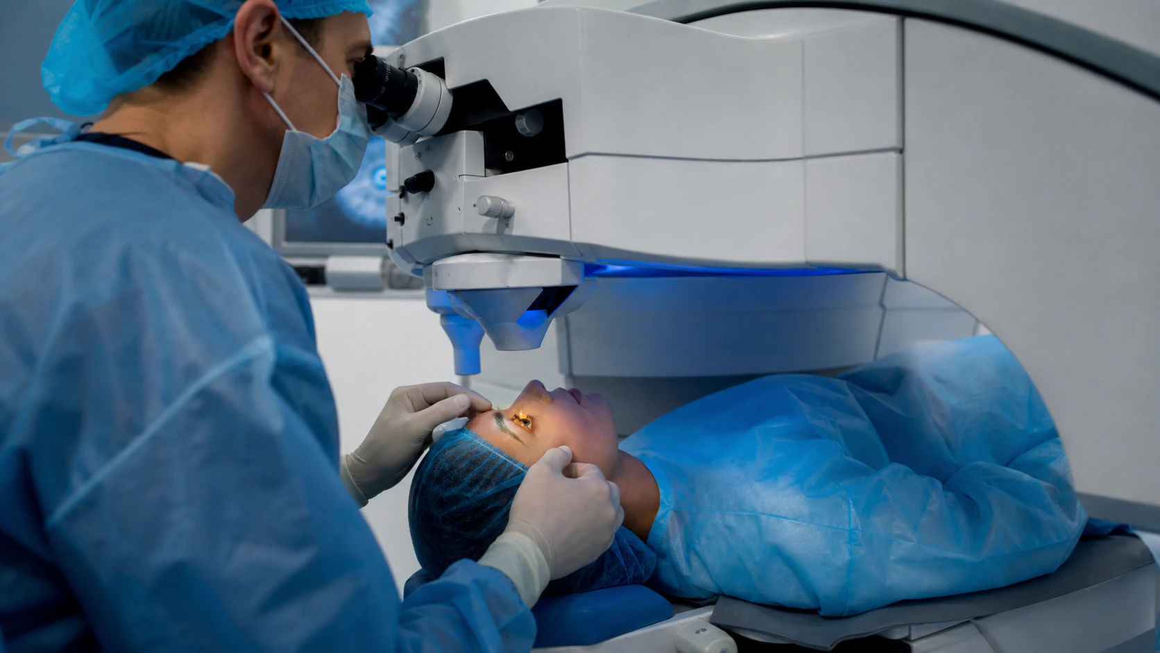 A surgeon performs an eye operation under bright light. The patient is covered with a sterile sheet, exposing only the eye. The surgeon's hands hold precision instruments near the patient's eye.