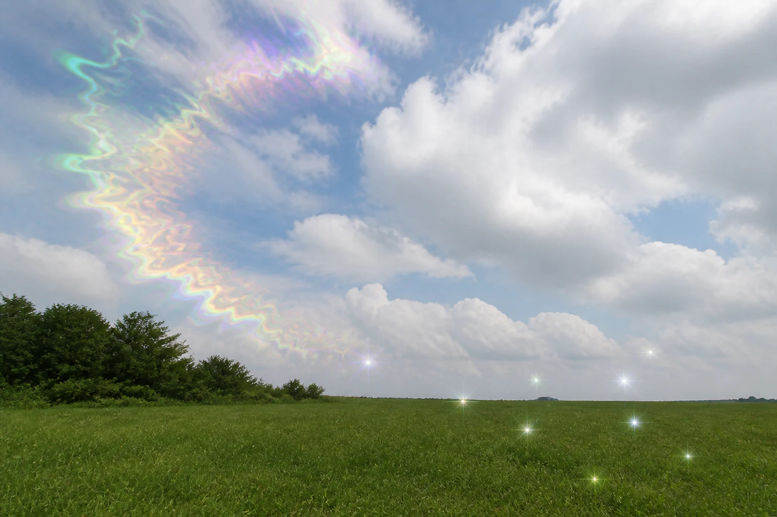 View of green field and flashing lights effect as a Migraine aura symptom of Photopsia
