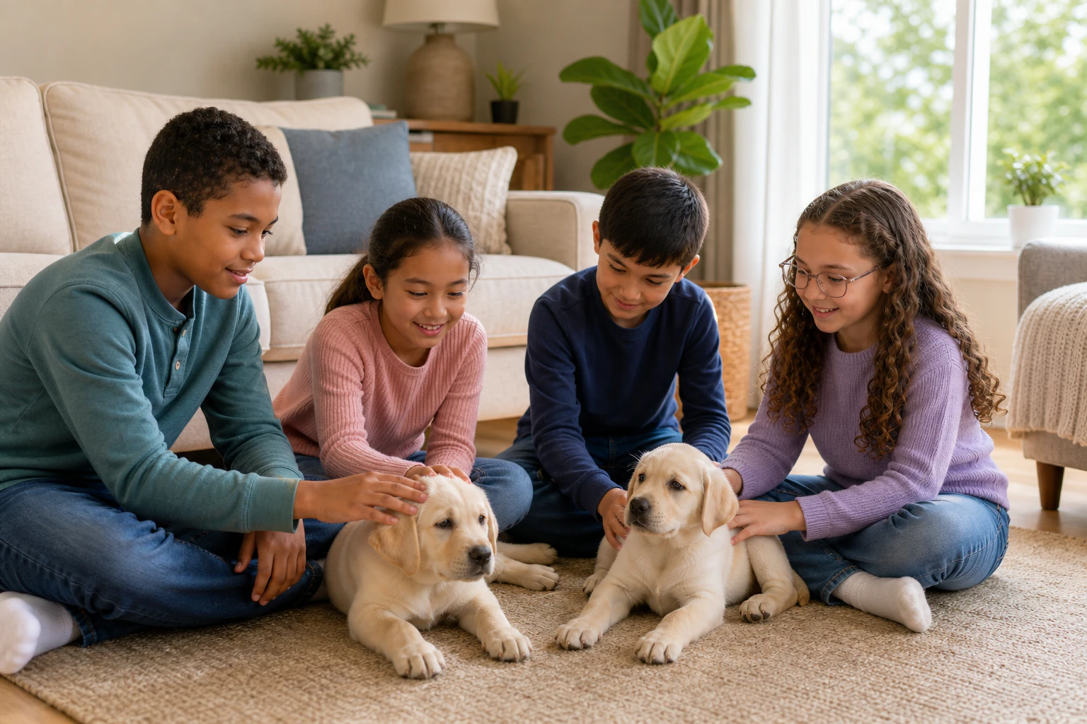 Children sit on a yellow blanket with two Labrador puppies