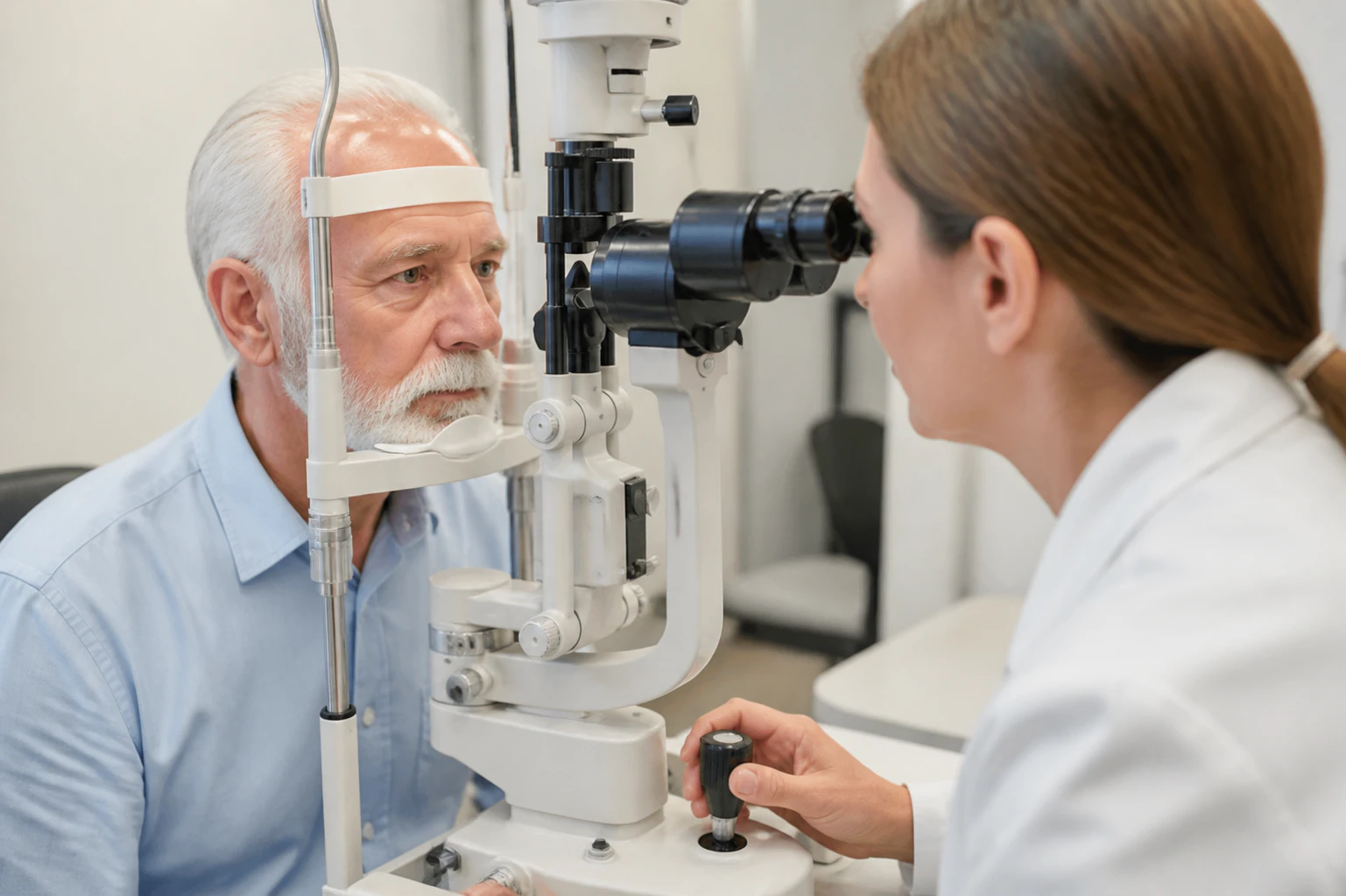 Elderly Man with Glaucoma at the Optician for Optical Exam Photo